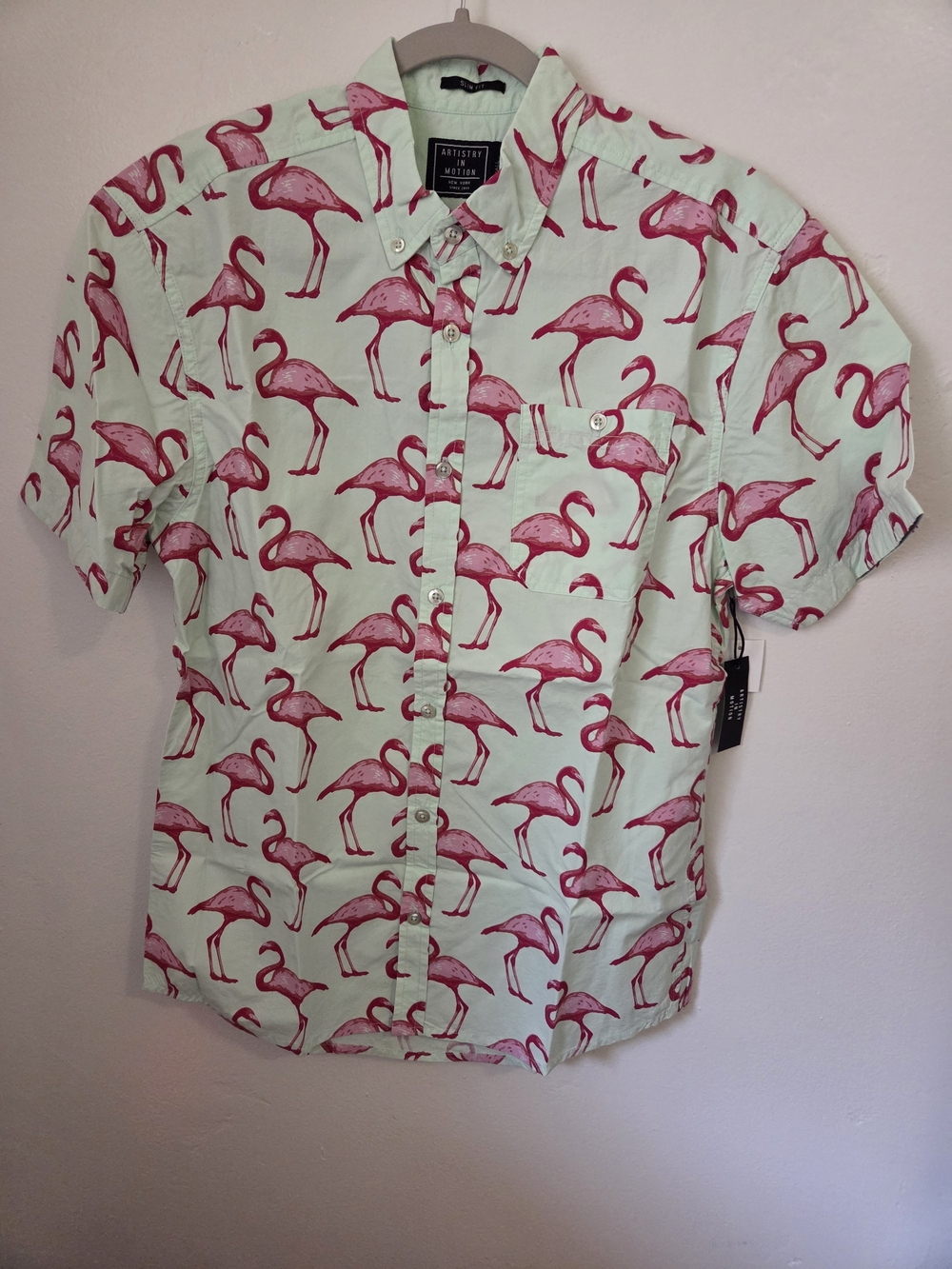 Men's Mint Green Flamingo Print Short-Sleeve Button-Down Shirt Size Small